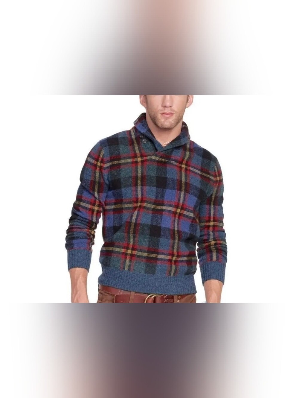 ICONIC Polo Ralph Lauren 100% Wool Shawl Collar Sweater Plaid Men L Elbow Patch